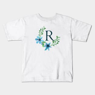 Floral Monogram R Pretty Blue Flowers Kids T-Shirt